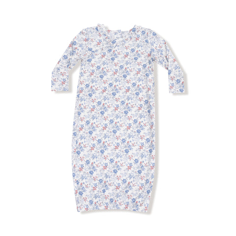 Country Girl Floral baby kimono gown with long sleeves and elastic bottom in blue and pink flower print on white background.










