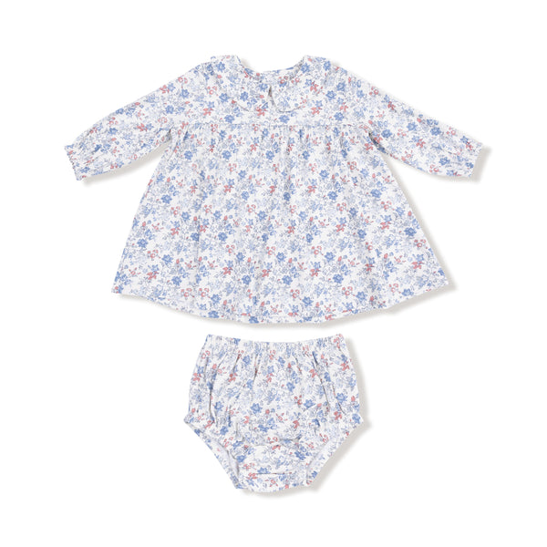 Long sleeve baby dress with Peter Pan collar in vintage blue and pink floral print, shown with matching diaper cover.

