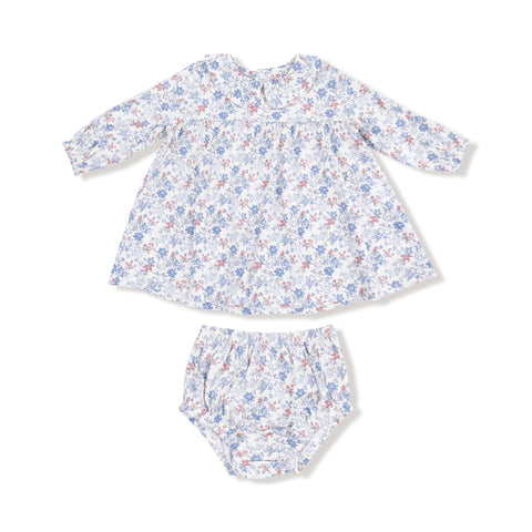 Long sleeve baby dress with Peter Pan collar in vintage blue and pink floral print, shown with matching diaper cover.

