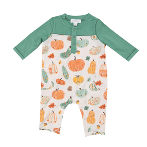 different colors and shapes of pumpkins romper with green contrast sleeve