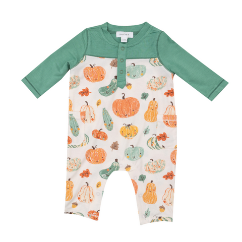 different colors and shapes of pumpkins romper with green contrast sleeve