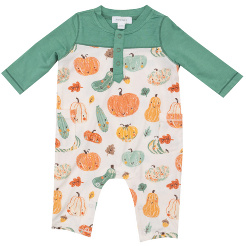 different colors and shapes of pumpkins romper with green contrast sleeve