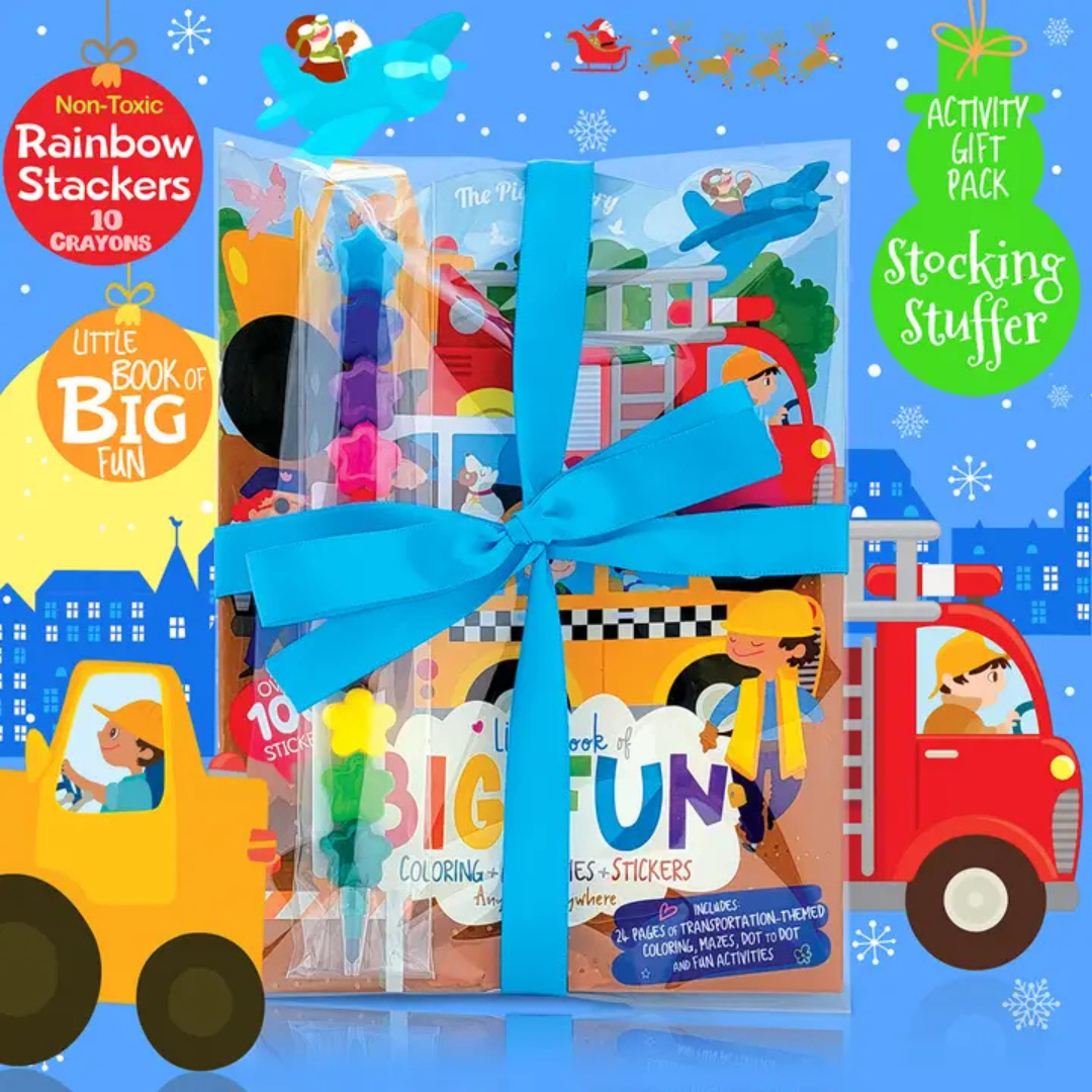 “Crazy Car Town Activity Gift Pack with Little Book of Big Fun featuring 24 activity pages, 100+ stickers, and a rainbow star stacker crayon.”