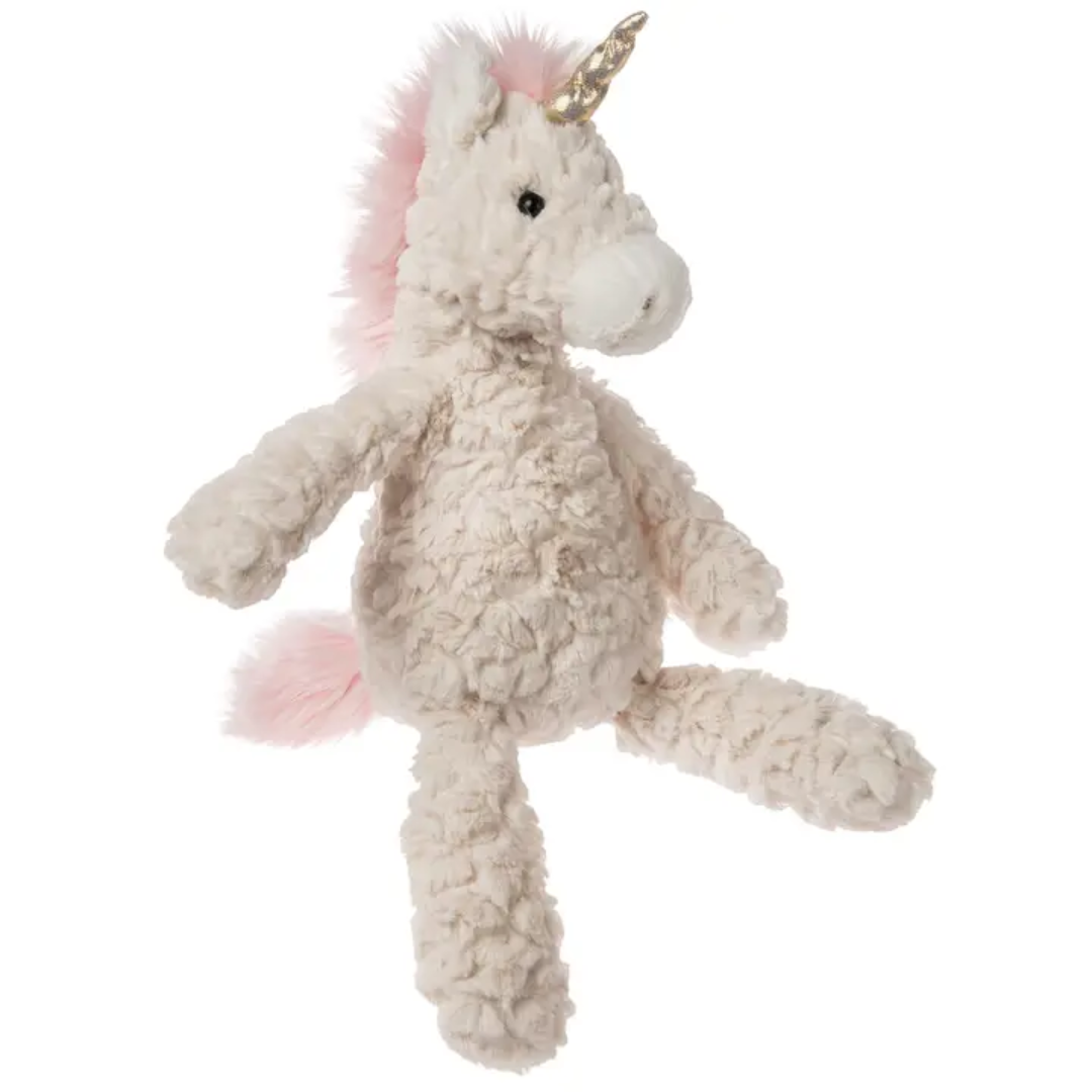 Cream Putty Unicorn plush toy with etched white fabric, fluffy mane, and metallic gold horn
