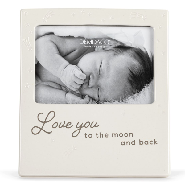 Neutral photo frame with “Love You to the Moon and Back” text holding a 4x6 baby picture.
