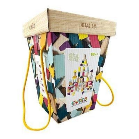 Cubika 100-piece wooden blocks set in eco-friendly triangular storage box with rope handles and colorful block pattern