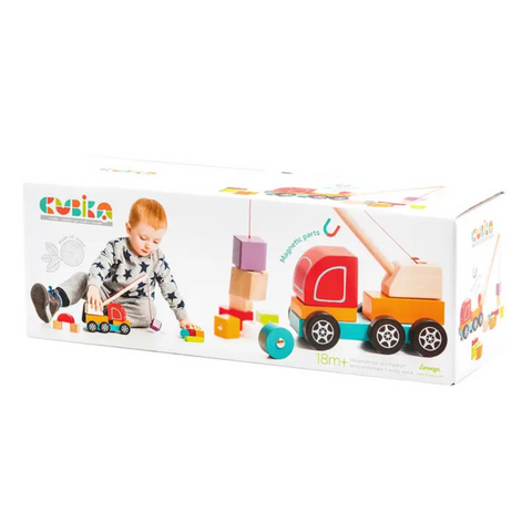 Colorful wooden magnetic crane toy set with blocks and movable parts, ideal for toddlers and preschoolers.