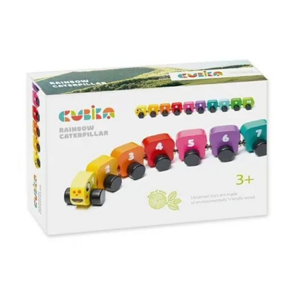 Cubika Rainbow Caterpillar toy box with 10 colorful numbered wooden segments and eco-friendly branding for ages 3+