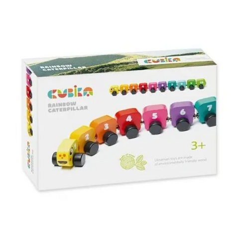 Cubika Rainbow Caterpillar toy box with 10 colorful numbered wooden segments and eco-friendly branding for ages 3+
