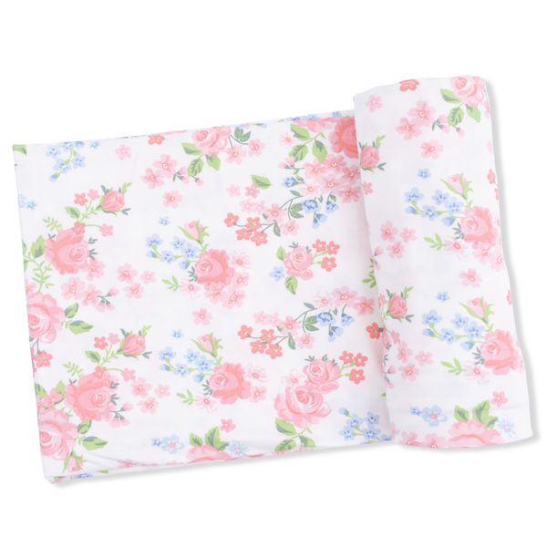 pink and blue floral print swaddling blanket
