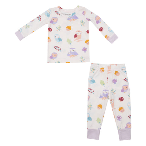 light purple two piece loungewear with owls, acorns, and mushrooms