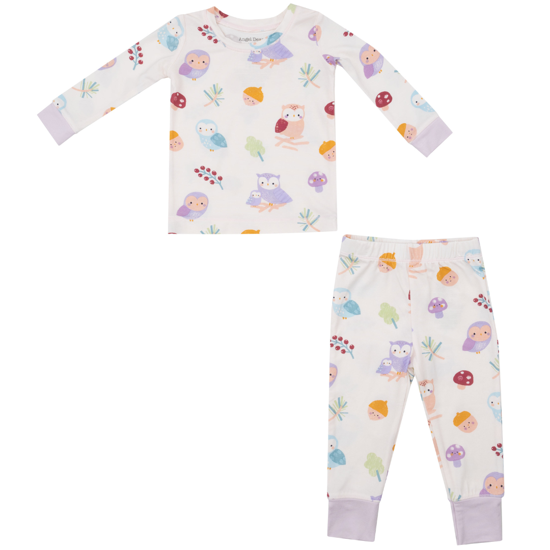 light purple two piece loungewear with owls, acorns, and mushrooms