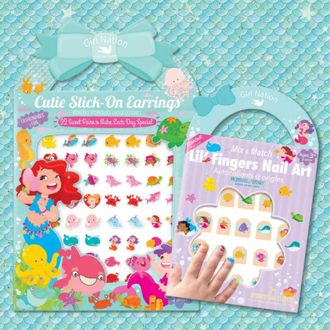 “Cutie Gift Set with Mermaids & Friends Stick-On Earrings and Lil’ Fingers Nail Art, featuring ocean-themed designs like mermaids, fish, and dolphins.”