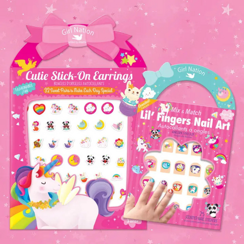 “Cutie Gift Set with Unicorn Fantasy Stick-On Earrings and Lil’ Fingers Nail Art, featuring unicorn, rainbow, and mermaid designs for kids.”