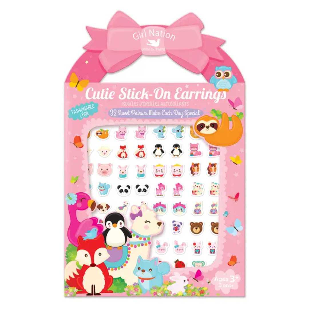 “Cutie Stick-On Earrings Animal Friends set with 32 colorful pairs in fun animal designs, safe for kids without pierced ears.”