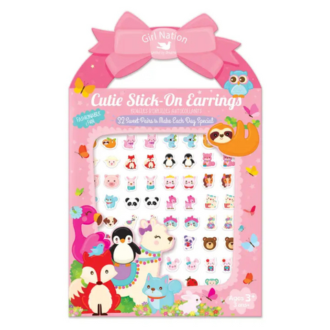 “Cutie Stick-On Earrings Animal Friends set with 32 colorful pairs in fun animal designs, safe for kids without pierced ears.”