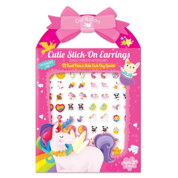 “Cutie Stick-On Earrings Believe in Magic set with 32 colorful pairs featuring unicorns, mermaids, rainbows, and more, safe for kids without pierced ears.”