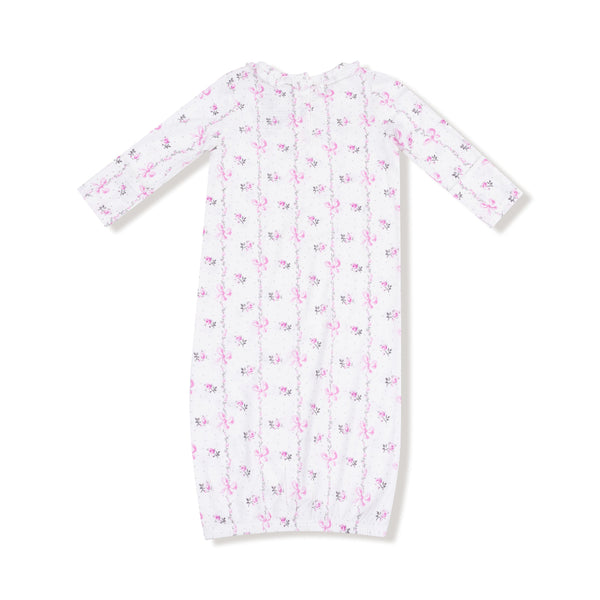 Back view of the same gown, showing full pattern and elastic bottom hem for easy changing