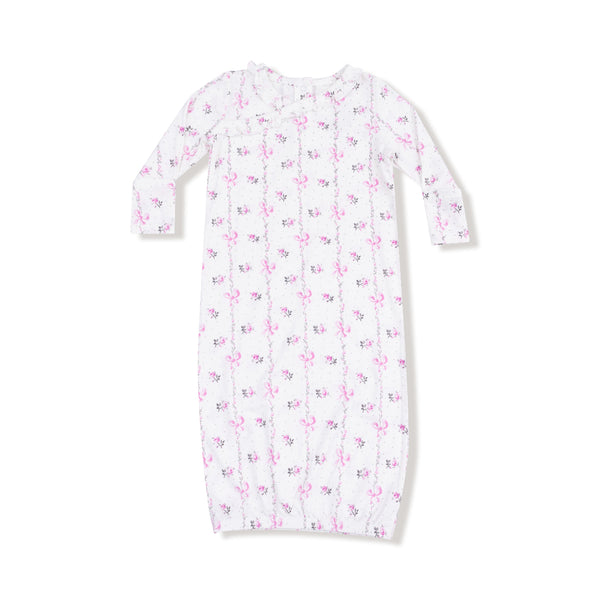  Front view of a baby kimono gown with long sleeves and an allover pink floral and bow stripe print, featuring a ruffle neckline