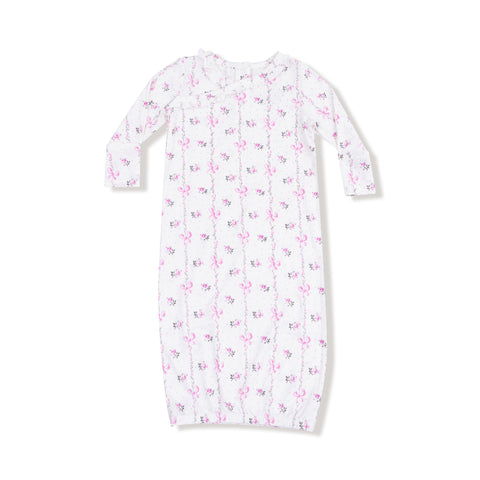  Front view of a baby kimono gown with long sleeves and an allover pink floral and bow stripe print, featuring a ruffle neckline
