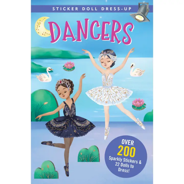 The cover of a sticker doll dress-up book is shown, featuring two ballerinas in elegant costumes on a stage by a lake with swans. The title "Dancers" is written in a sparkly font at the top. A circular label indicates "Over 200 Sparkly Stickers & 22 Dolls to Dress!"