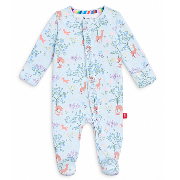 The front of the footie with cozy deer and flowers. 