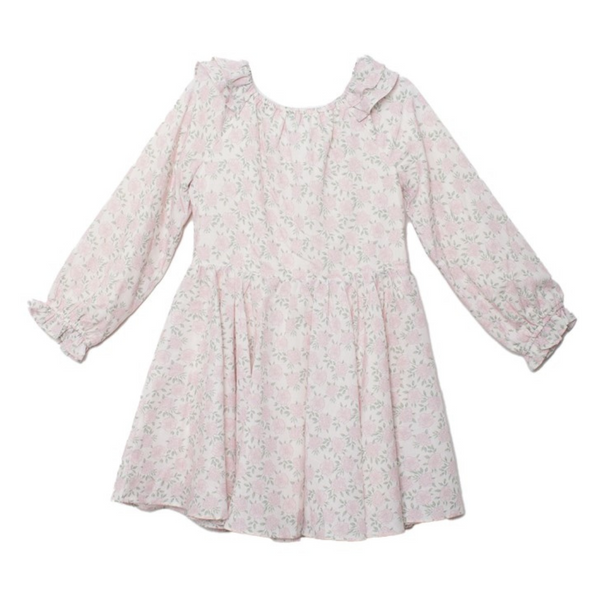 Back view of a pink floral girls' dress with tie closure at the neck and ruffle collar, laid flat.