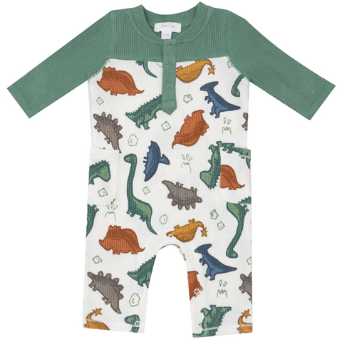 Green and white daywear romper with different colored dinos