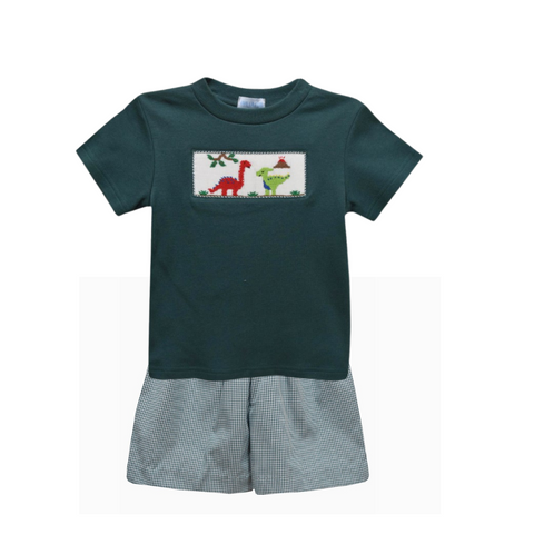 Army green shirt with smocked red and green dinosaurs on the front. Comes with green gingham shorts. 