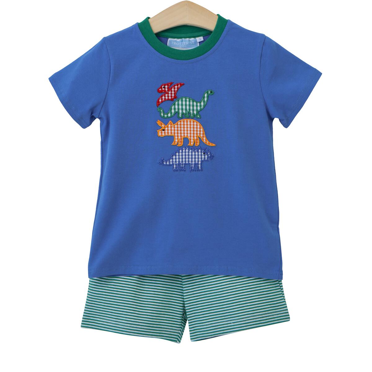 Blue knit top trimmed in dark green  with a 4 dinosaur applique and a matching green and white stripe knit short