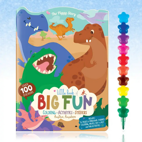 Dinosaur Activity Gift Pack with Little Book of Big Fun featuring 24 activity pages, 100+ stickers, and a rainbow star stacker crayon.”