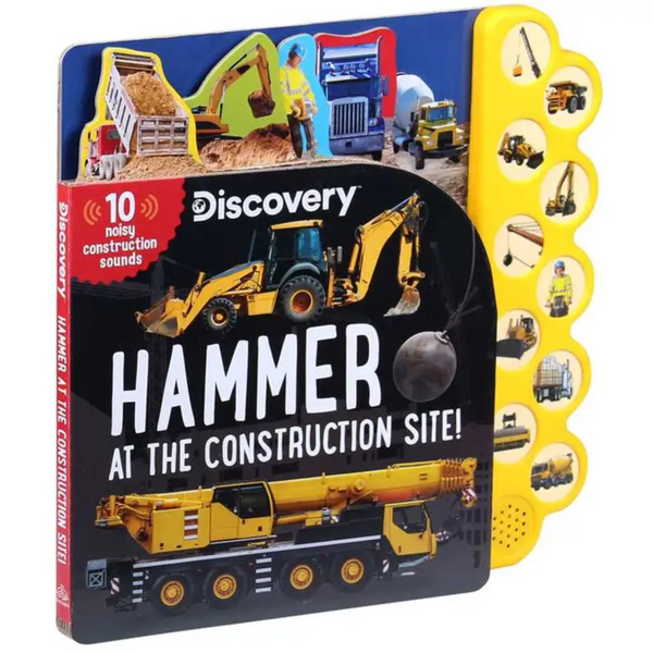 Cover of Discovery: Hammer at the Construction Site! board book with 10 sound buttons and construction vehicles.