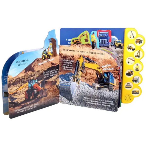 Inside pages showing backhoe and excavator with text and sound labels.
