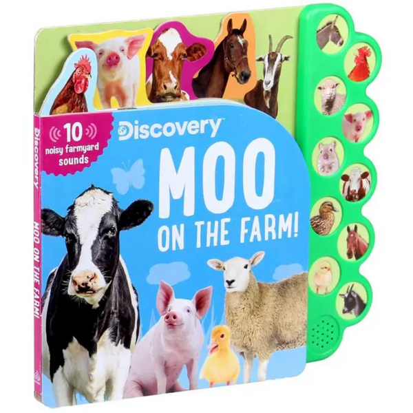 Discovery: Moo on the Farm! sound book cover featuring cow, pig, sheep, and duck with 10 sound buttons on green edge.