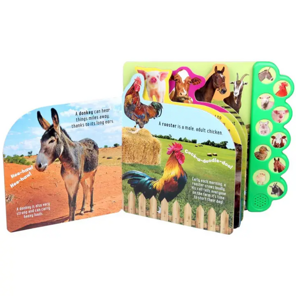 Inside spread with donkey and rooster images and animal facts.