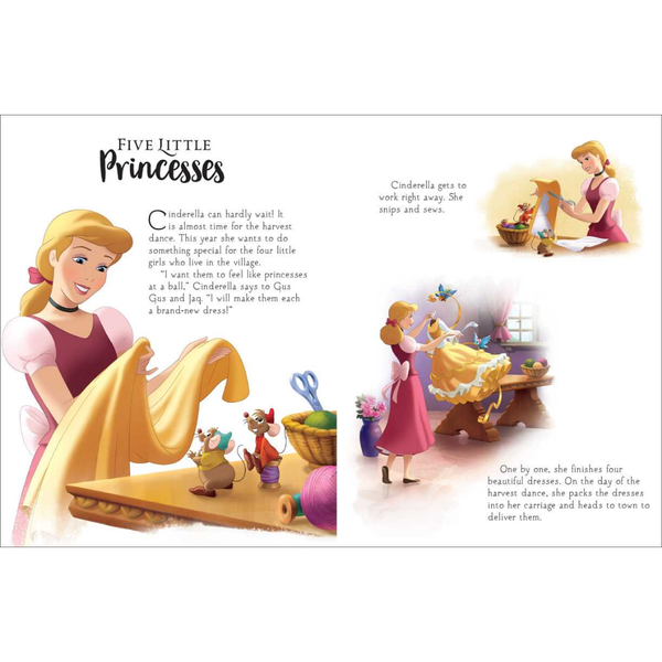 Illustrated book page with Disney princesses and text about Cinderella.