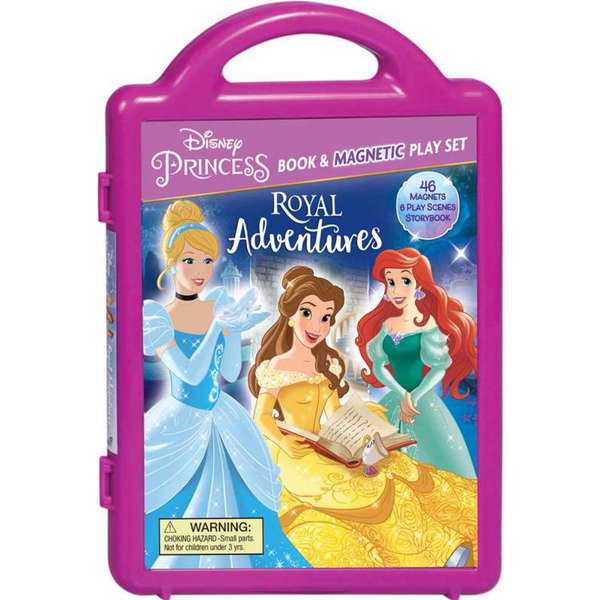 Disney Princess Royal Adventures magnetic play set in a pink carry case featuring Ariel, Cinderella, and Belle.