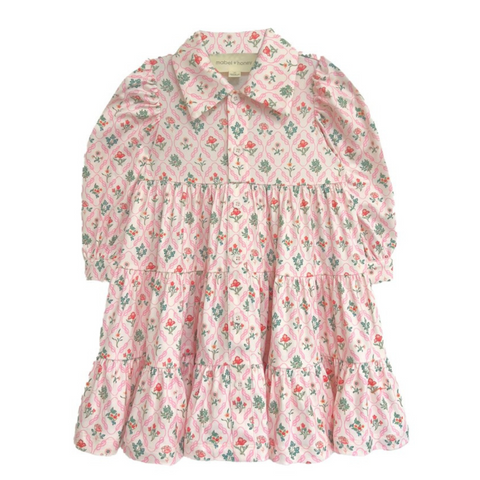 Front view of a pink floral girls' dress with long puff sleeves, ruffle collar, and button-up front, displayed flat.