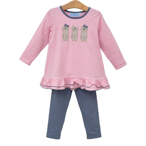 Pink striped blouse and navy legging set for girls with puppy appliqués and ruffle hem.

