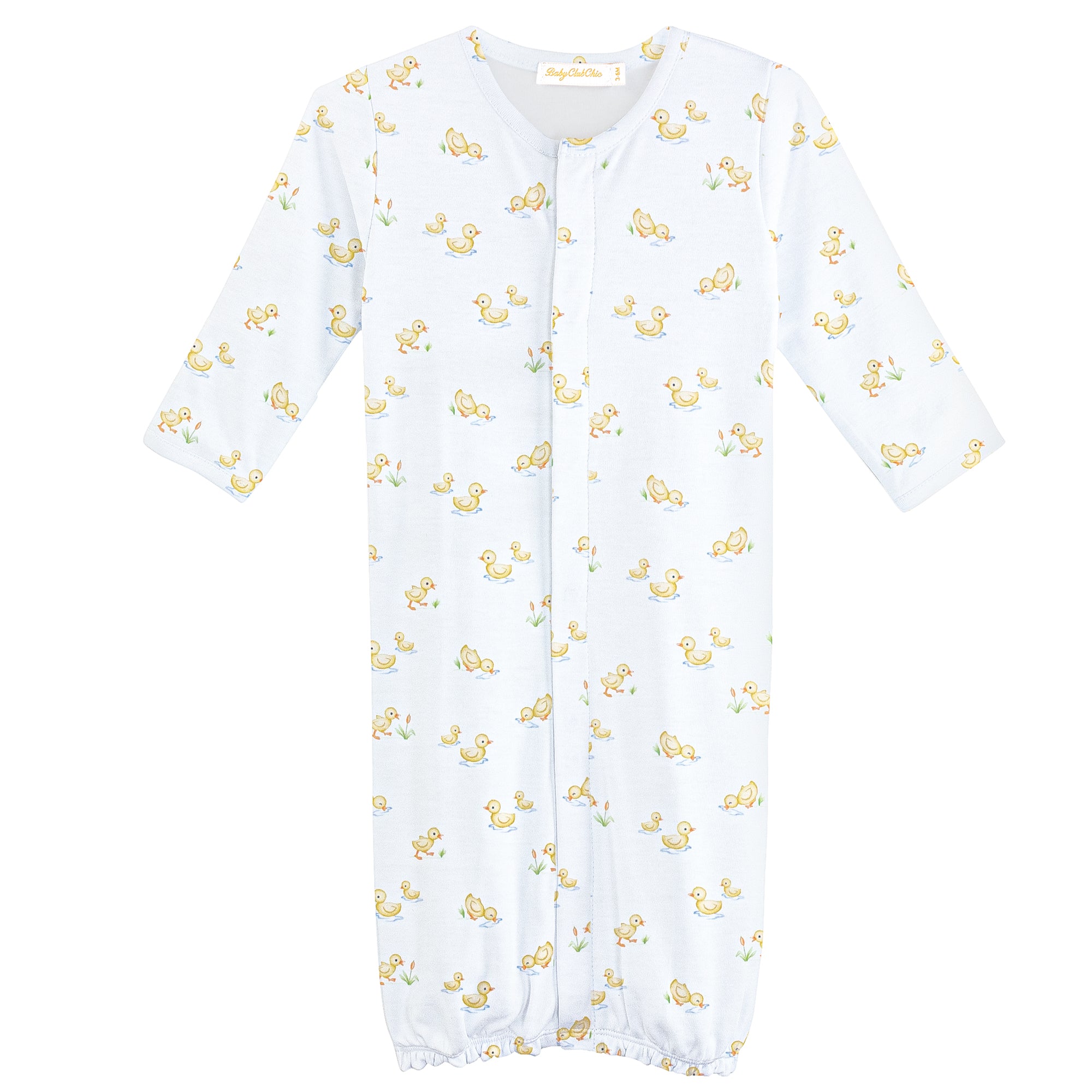 white converter gown with yellow ducks