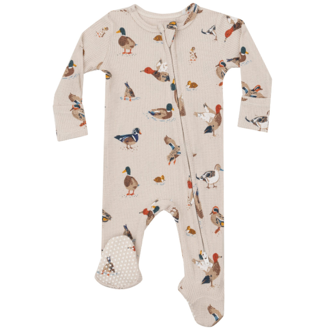 cream two way zipper footie with mallard ducks