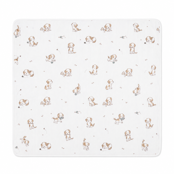 Neutral puppy baby swaddle blanket with small dog print, soft lightweight newborn blanket