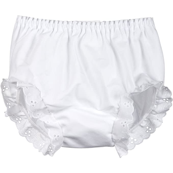 White baby diaper cover with elastic waistband and eyelet ruffle trim displayed on a white background.