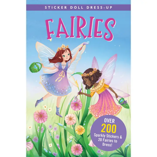 Two images of a sticker doll dress-up book are shown. The first image is the cover of the book, which features two fairies with wings in a field of flowers. The second image shows the inside of the book with two pages of fairies to dress in a starry night scene, along with a description of the book's features