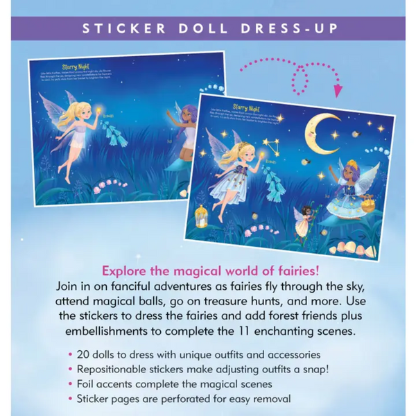 Two images of a sticker doll dress-up book are shown. The first image is the cover of the book, which features two fairies with wings in a field of flowers. The second image shows the inside of the book with two pages of fairies to dress in a starry night scene, along with a description of the book's features