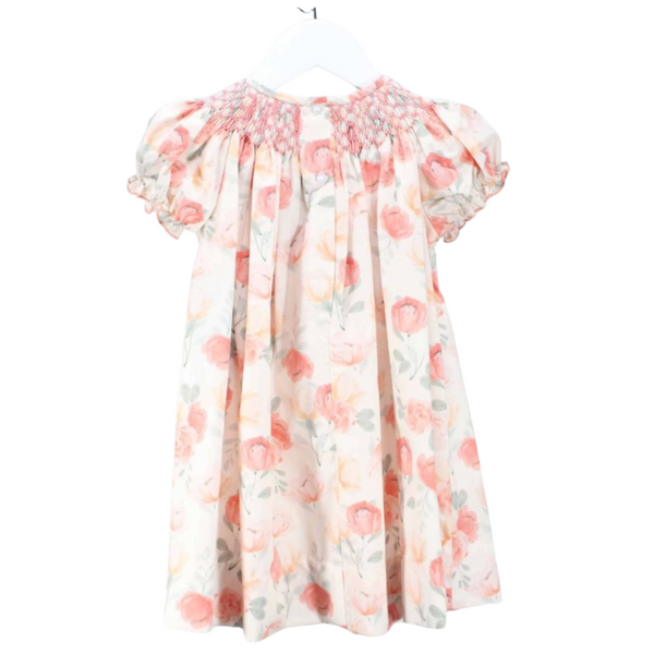 Back view of the same floral dress featuring puff sleeves and buttons