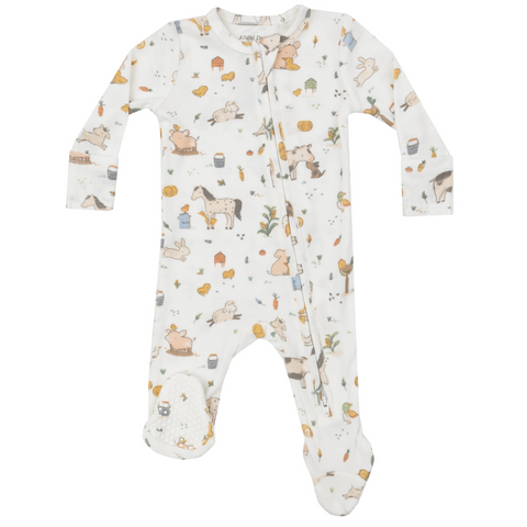 white two way zipper footie with farm animals like horses, pigs, chickens, and ducks