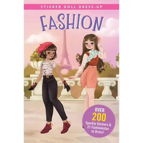 Two images of a sticker doll dress-up book are shown. The first image is the cover of the book, which features two fashionable girls in front of the Eiffel Tower. The second image shows the inside of the book with two pages of dolls to dress on a red carpet scene, along with a description of the book's features.