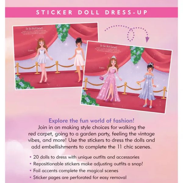 Two images of a sticker doll dress-up book are shown. The first image is the cover of the book, which features two fashionable girls in front of the Eiffel Tower. The second image shows the inside of the book with two pages of dolls to dress on a red carpet scene, along with a description of the book's features.