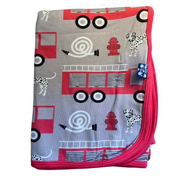 bamboo swaddling blanket grey with firetruck, fire hydrant, hose and dalmation print trimmed in red